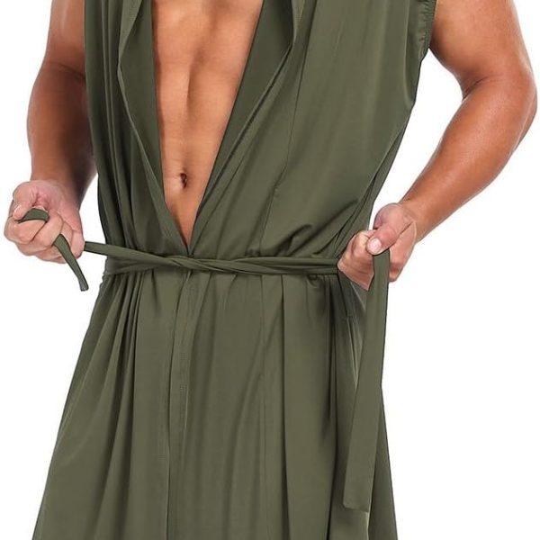 Men's Summer Robe with Hooded Lightweight Bathrobe House Kimono Sleeveless Sexy Sleepwear Pajamas