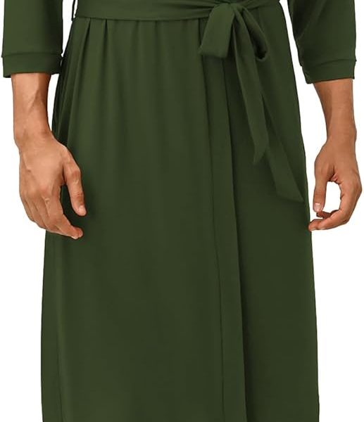 Men's Lightweight Kimono  Robe Knit Bathrobe Soft Sleepwear 3/4 Sleeve Loungewear with Pockets