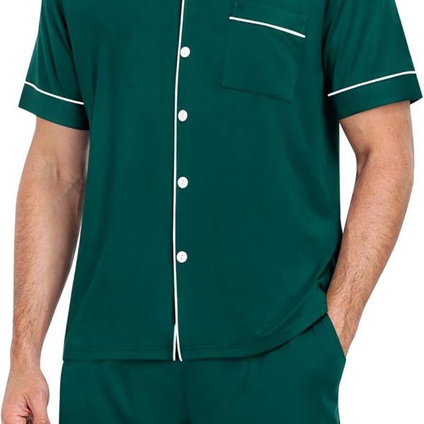 Mens Pajama Set Short Sleeve 2 PCS Sleepwear Button Down Soft Loungewear Modal Set Pj Set with Pockets