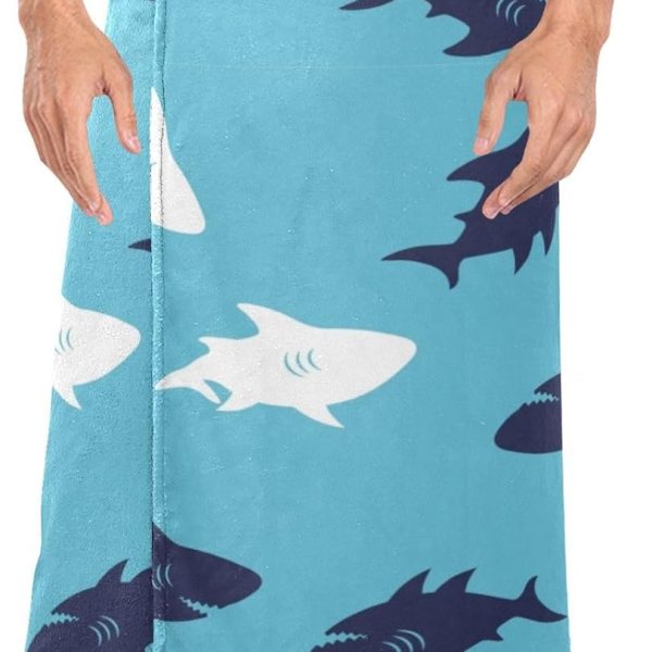 Bath Towel for Men Absorbent Towel Wrap Bath ShowerWrap with Snap Button Closure Body Towel Skirt Shark Blue