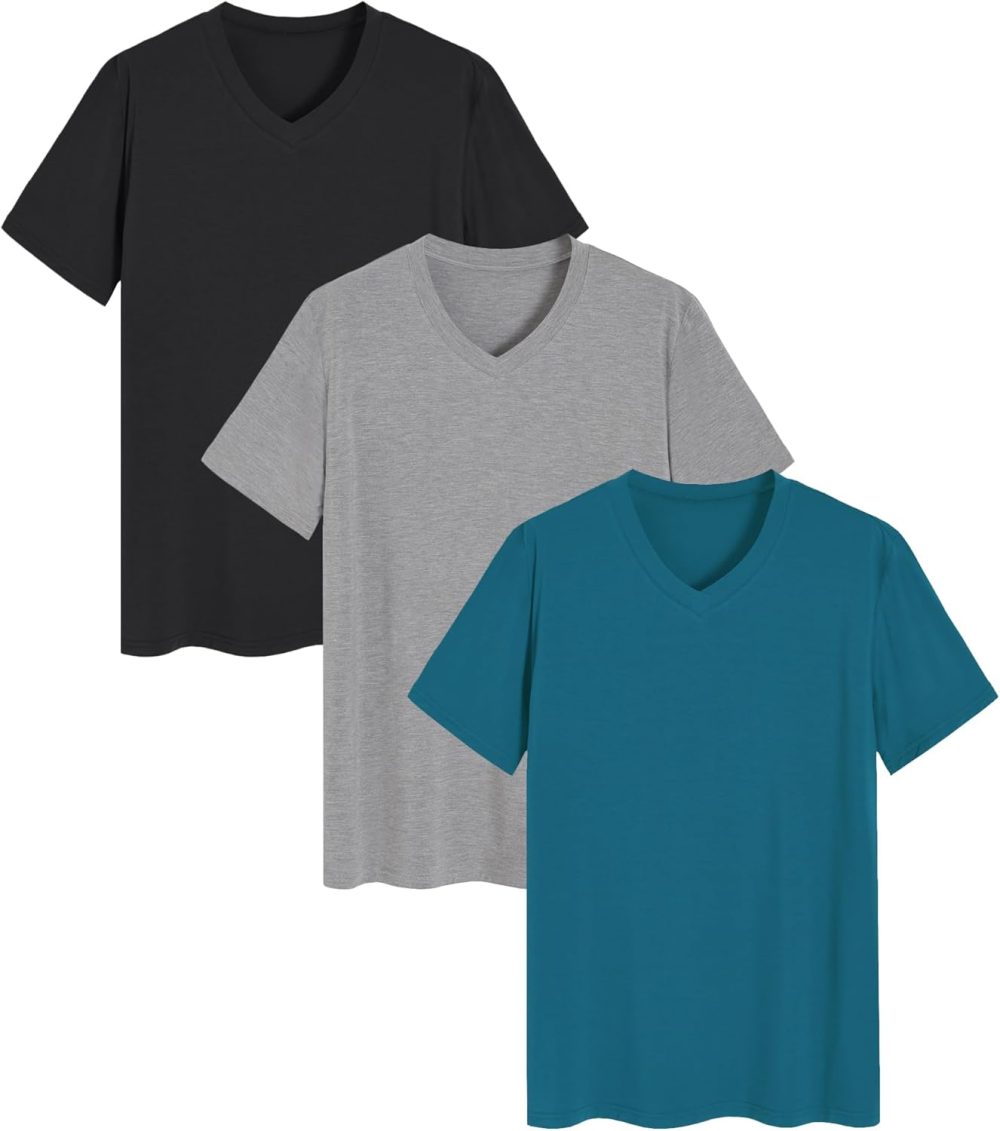 Men's Viscose Sleep Shirt Soft V-Neck Pajama Tops 3 Pack