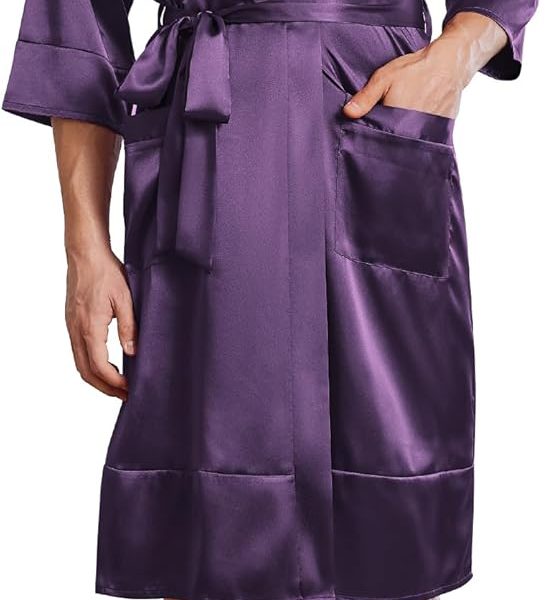 Mens Satin Robe Lightweight Silky Kimono Bathrobe 3/4 Sleeve  Knee Length Loungewear with Pockets