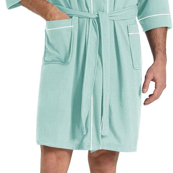 Men's Waffle Knit Robe for Summer, Short Lightweight Bathrobe with Pockets and Kimono, 3/4 Sleeves Loungewear for Spa