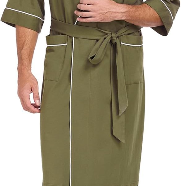 100% Cotton Men's Lightweight Robe Summer Short Sleeve Bathrobe Soft Knee Length Robe with Pockets