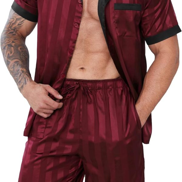 Mens Pajamas Set Satin Silk Pajama For Men  Shorts Sexy Nightwear Button Down 2 Piece