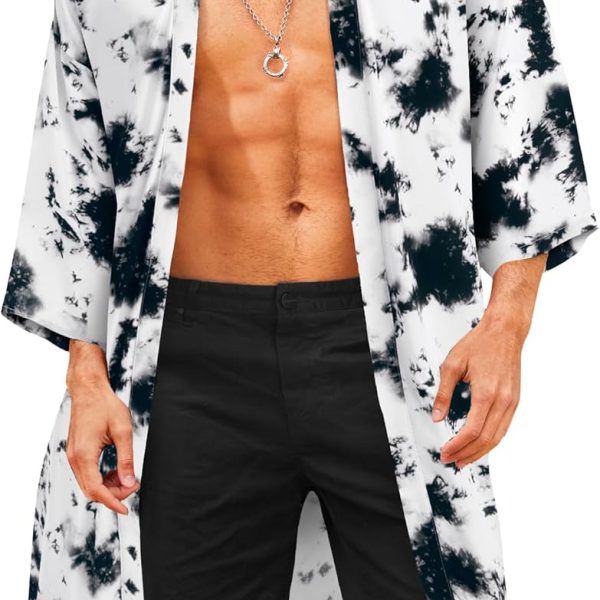 Men's Lightweight Kimono Robe Jacket Printed Japanese Style Bathrobes Casual Open Front Long Cardigan Coat Outwear
