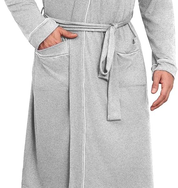 Mens Robes Lightweight Knit Bathrobe Long Sleeve Kimono Robe V Neck  Knee Length Sleepwear with Pockets
