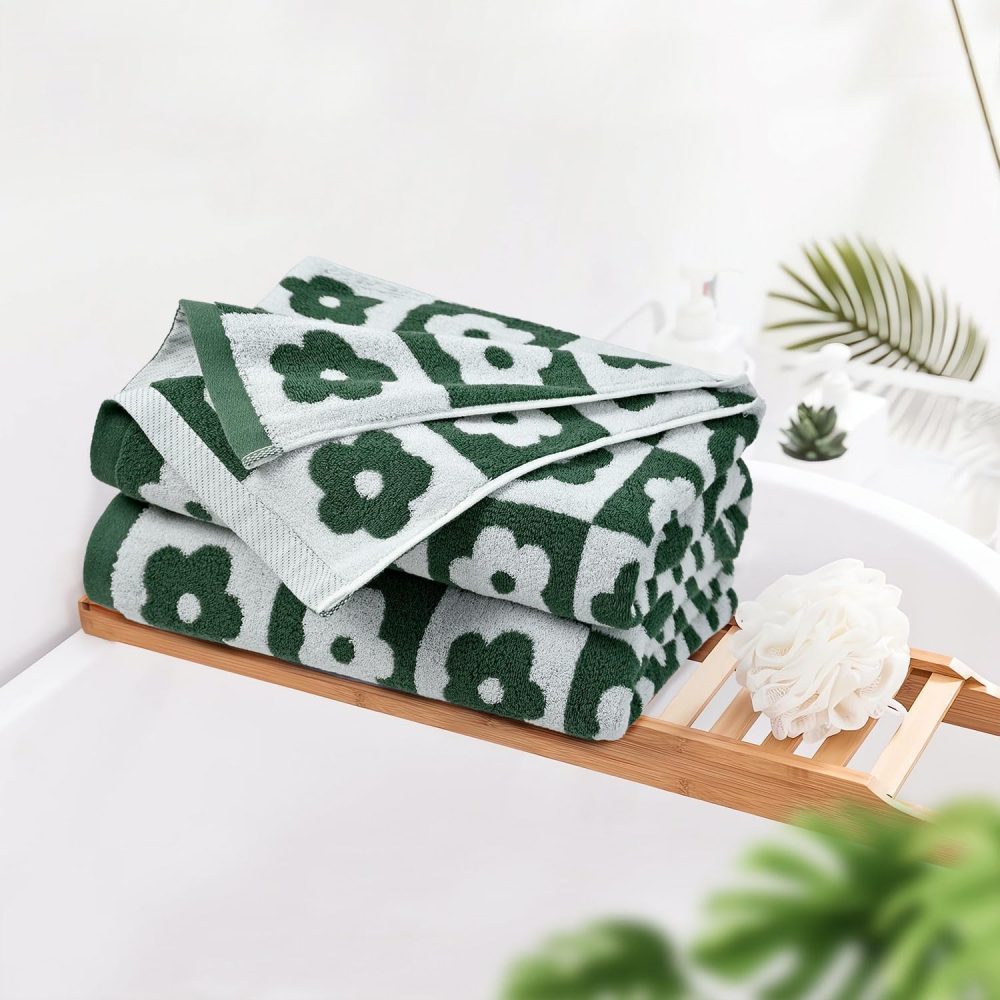Green Bath Towels Set of 2 Checkered Floral - Quick Dry Cotton Towels Decorative Bathroom s for Women Men Kids 27.5x55 Inches - Image 2