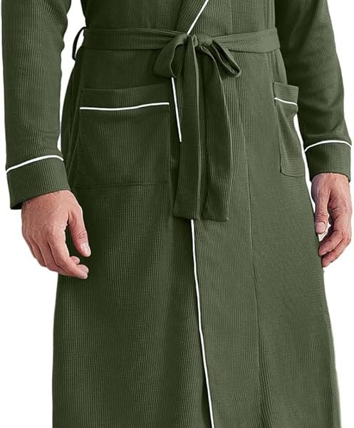 Mens Robes Lightweight Waffle Knit Kimono Bathrobe Long Sleeve Sleepwear Soft Knee Length Robe with Pockets S-3XL