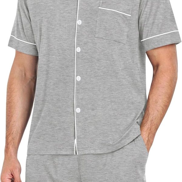 Mens Pajama Set Short Sleeve 2 PCS Sleepwear Button Down Soft Loungewear Modal Set Pj Set with Pockets