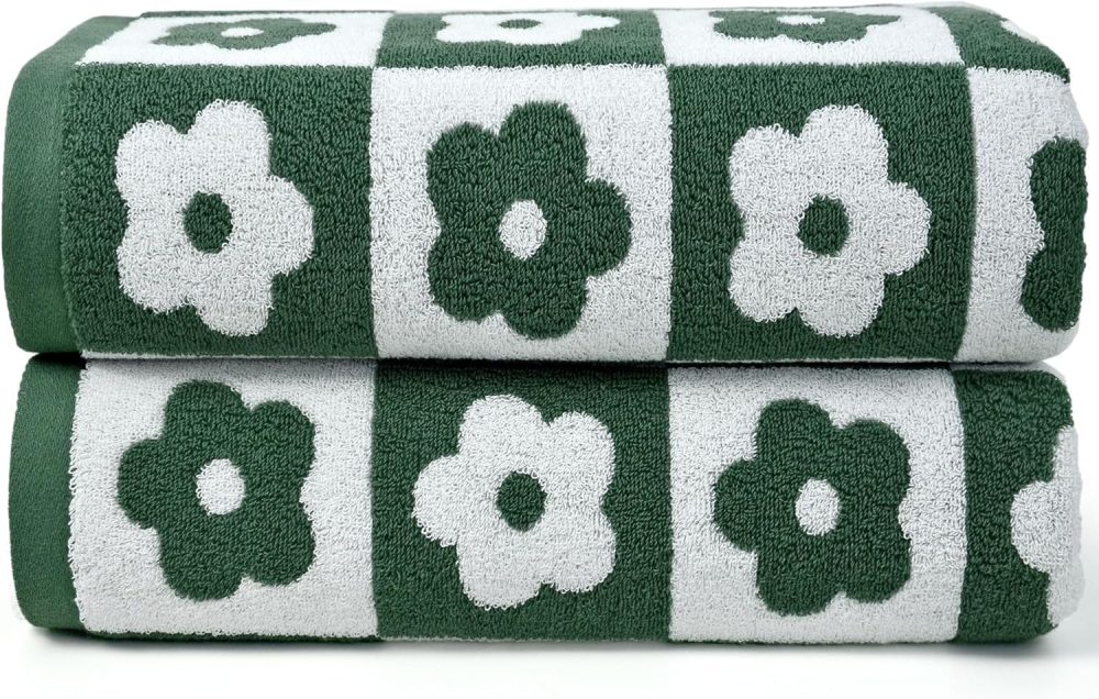Green Bath Towels Set of 2 Checkered Floral - Quick Dry Cotton Towels Decorative Bathroom s for Women Men Kids 27.5x55 Inches