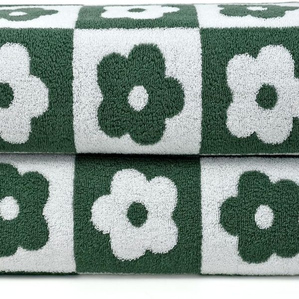 Green Bath Towels Set of 2 Checkered Floral - Quick Dry Cotton Towels Decorative Bathroom s for Women Men Kids 27.5x55 Inches