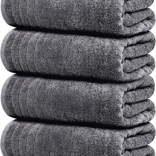 Pack of 4 Extra Large Bath Towels 30 x 60 Inches, 100% Cotton, Larger & Lighter Weight, Quicker to Dry, Super Soft and Absorbent, Perfect for Bathroom, Dark Grey