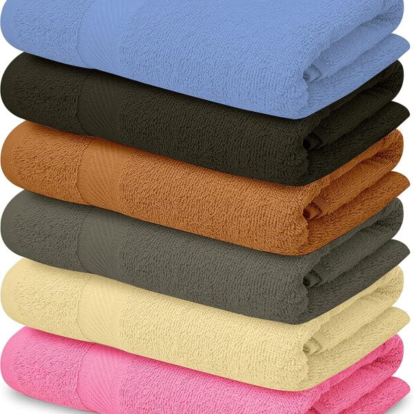 100% Cotton Bath Towel Set – Soft, Absorbent Towels for Bathroom, Spa & Gym Use – Durable, Reusable & Machine Washable Bath Towels - Multi-Color, 27 x 54 Inches, Pack of 6